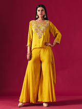 Vibrant yellow tissue silk palazzo suit with festive detailing