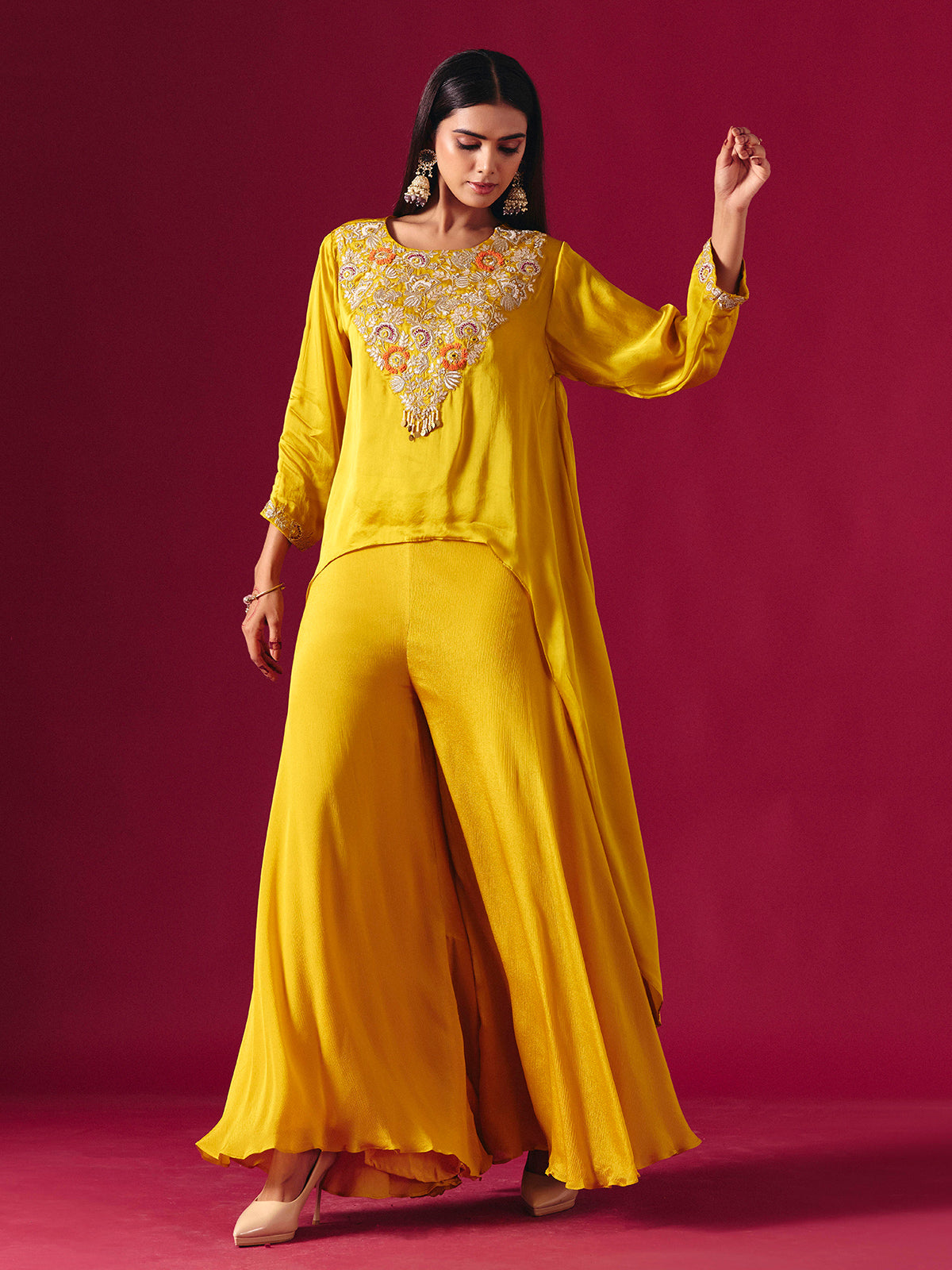 Vibrant yellow tissue silk palazzo suit with festive detailing