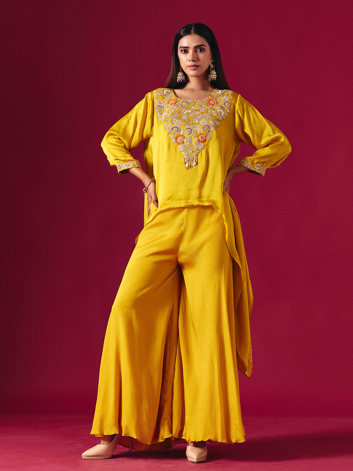 Vibrant yellow tissue silk palazzo suit with festive detailing