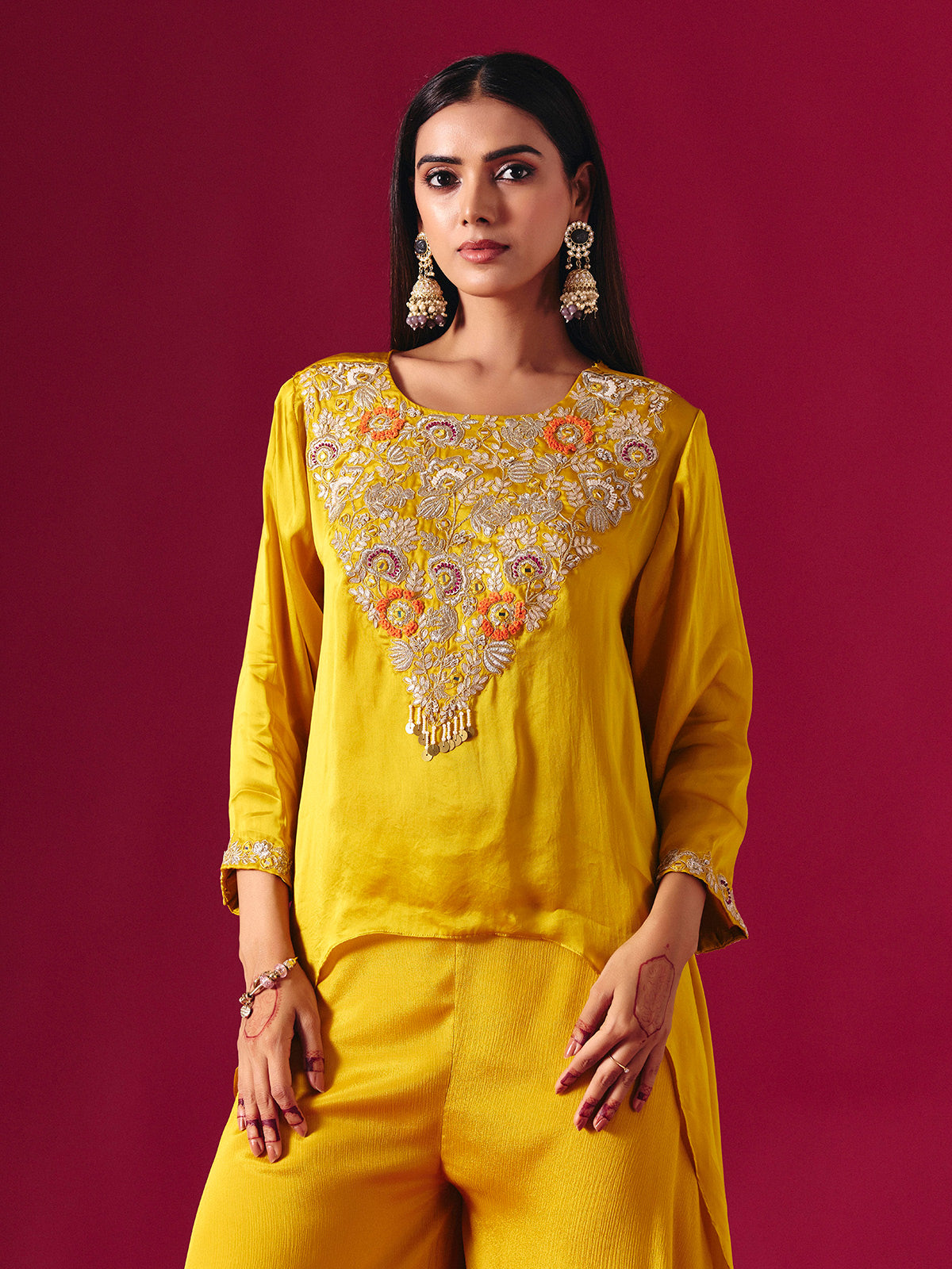 Vibrant yellow tissue silk palazzo suit with festive detailing