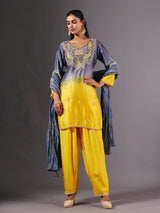Yellow silk shaded salwar suit with purple dupatta and embellishments