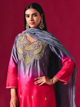 Pretty pink silk shaded salwar suit with purple dupatta detailing