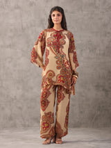 Beige paisley printed keyhole neck palazzo co ord set
