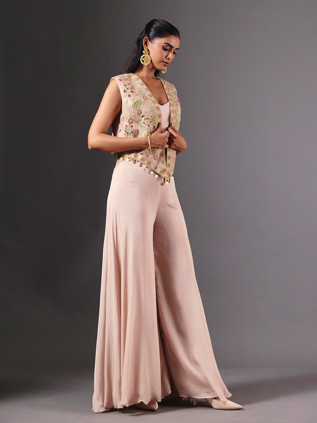 Light pink silk palazzo suit with embellished designer jacket