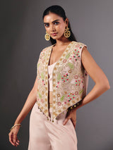 Light pink silk palazzo suit with embellished designer jacket