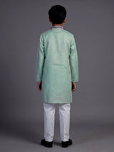 Mint green diagonal floral boys kurta suit
