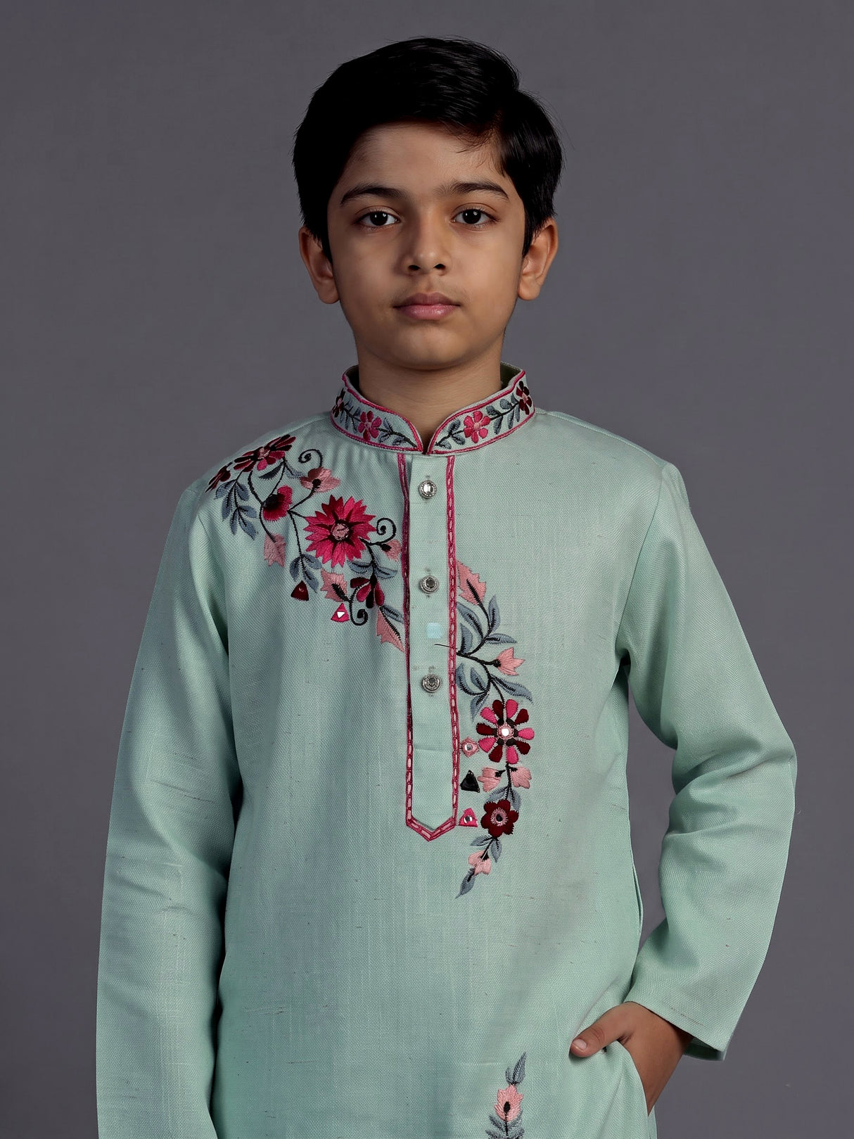 Mint green diagonal floral boys kurta suit