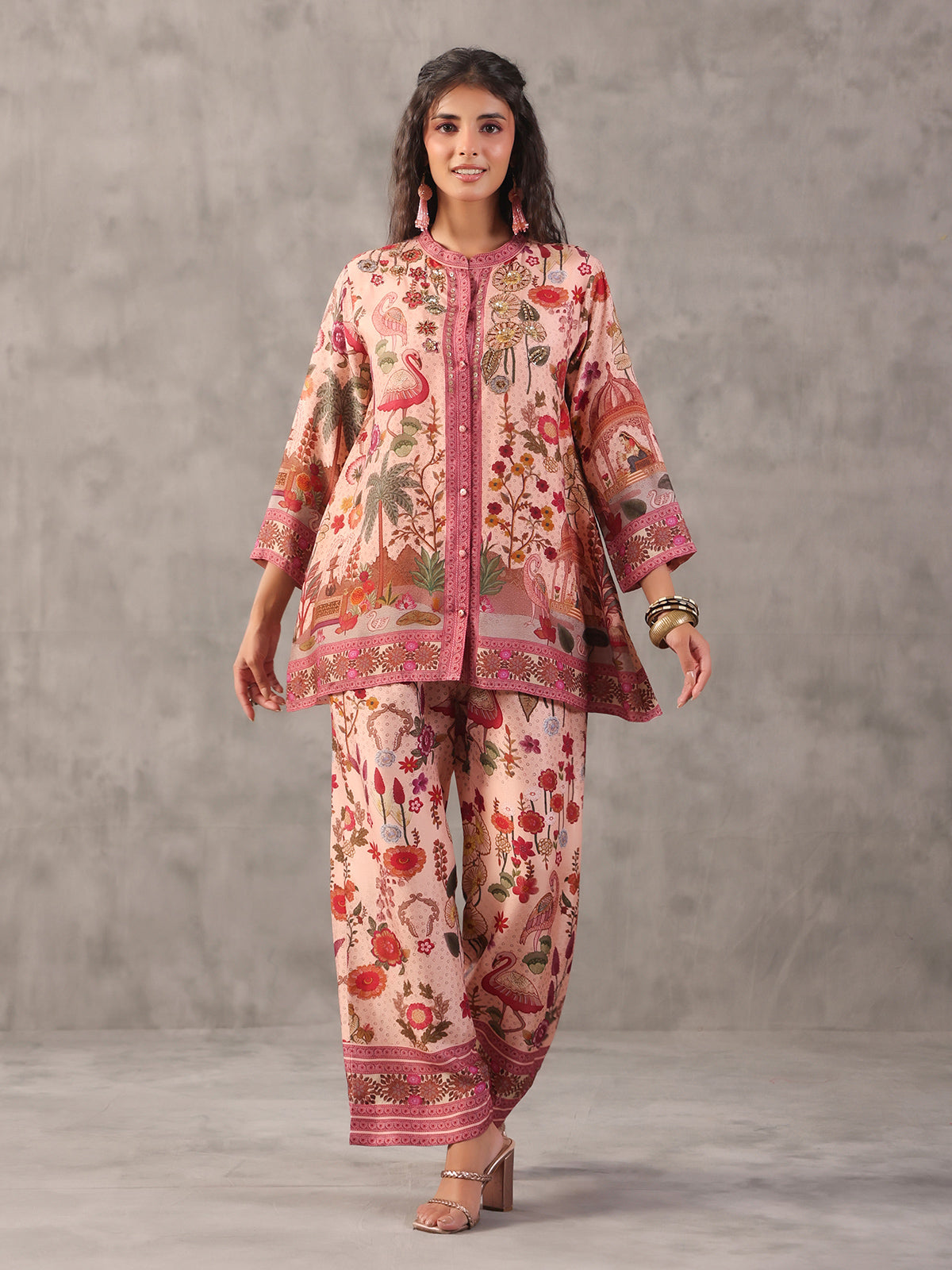 Pink sequined printed dola silk co ord set