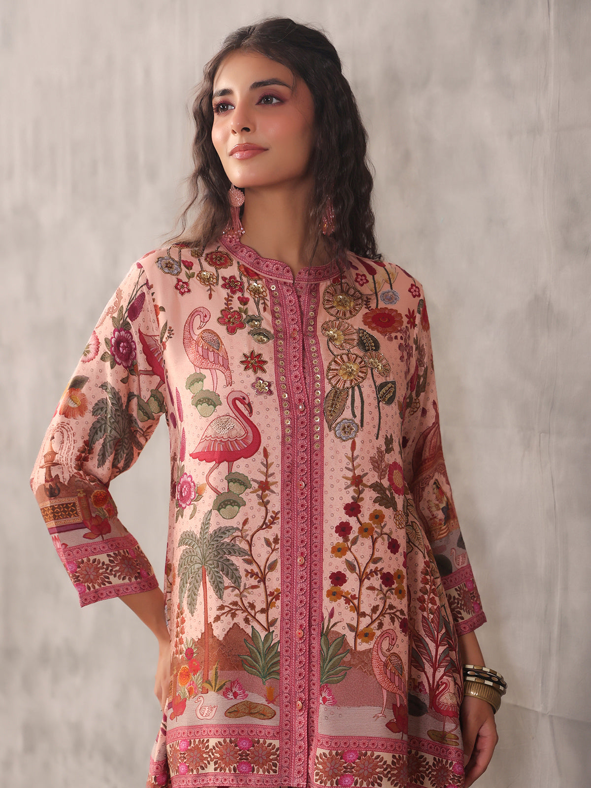 Pink sequined printed dola silk co ord set