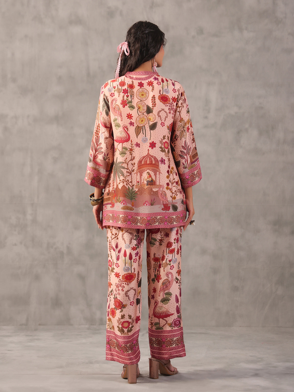 Pink sequined printed dola silk co ord set