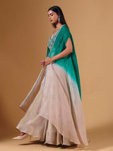 Elegant beige silk palazzo suit with sequins and shrug