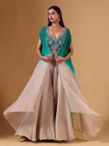 Elegant beige silk palazzo suit with sequins and shrug