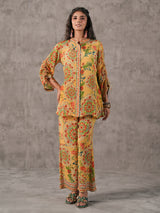 Beige floral printed stand collar palazzo co ord set