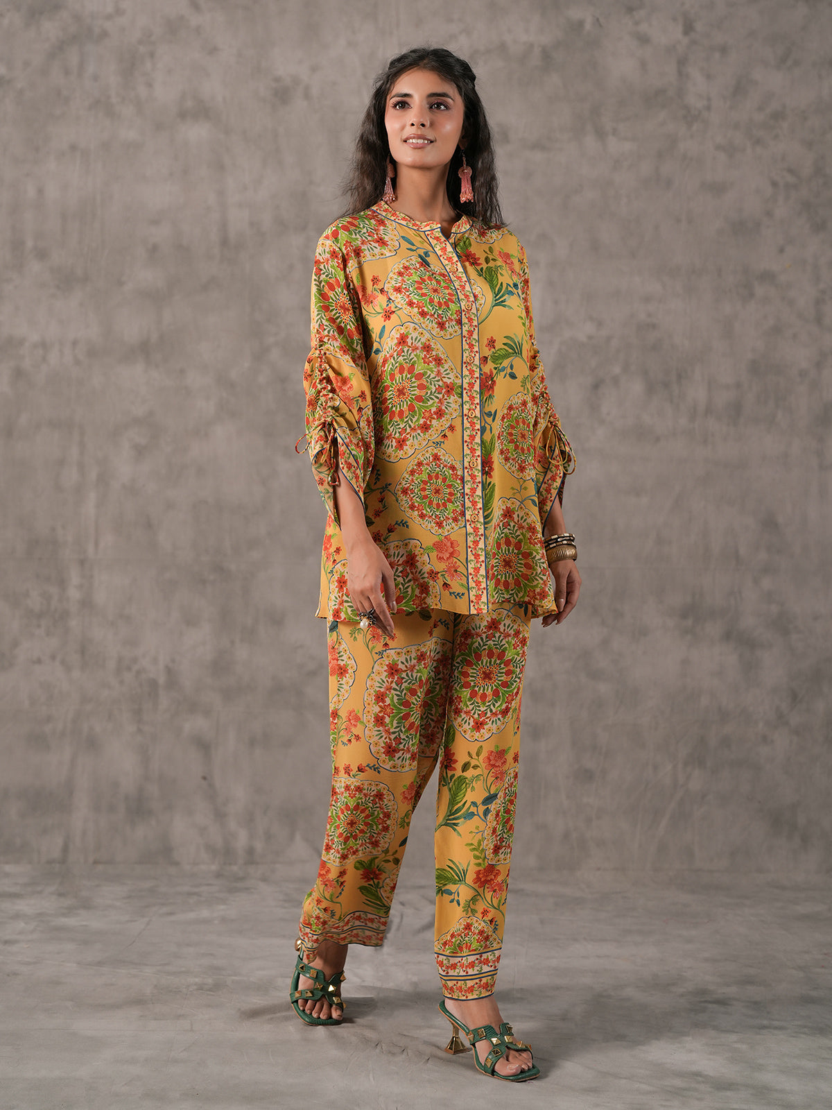 Beige floral printed stand collar palazzo co ord set