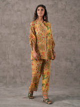 Beige floral printed stand collar palazzo co ord set