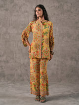 Beige floral printed stand collar palazzo co ord set