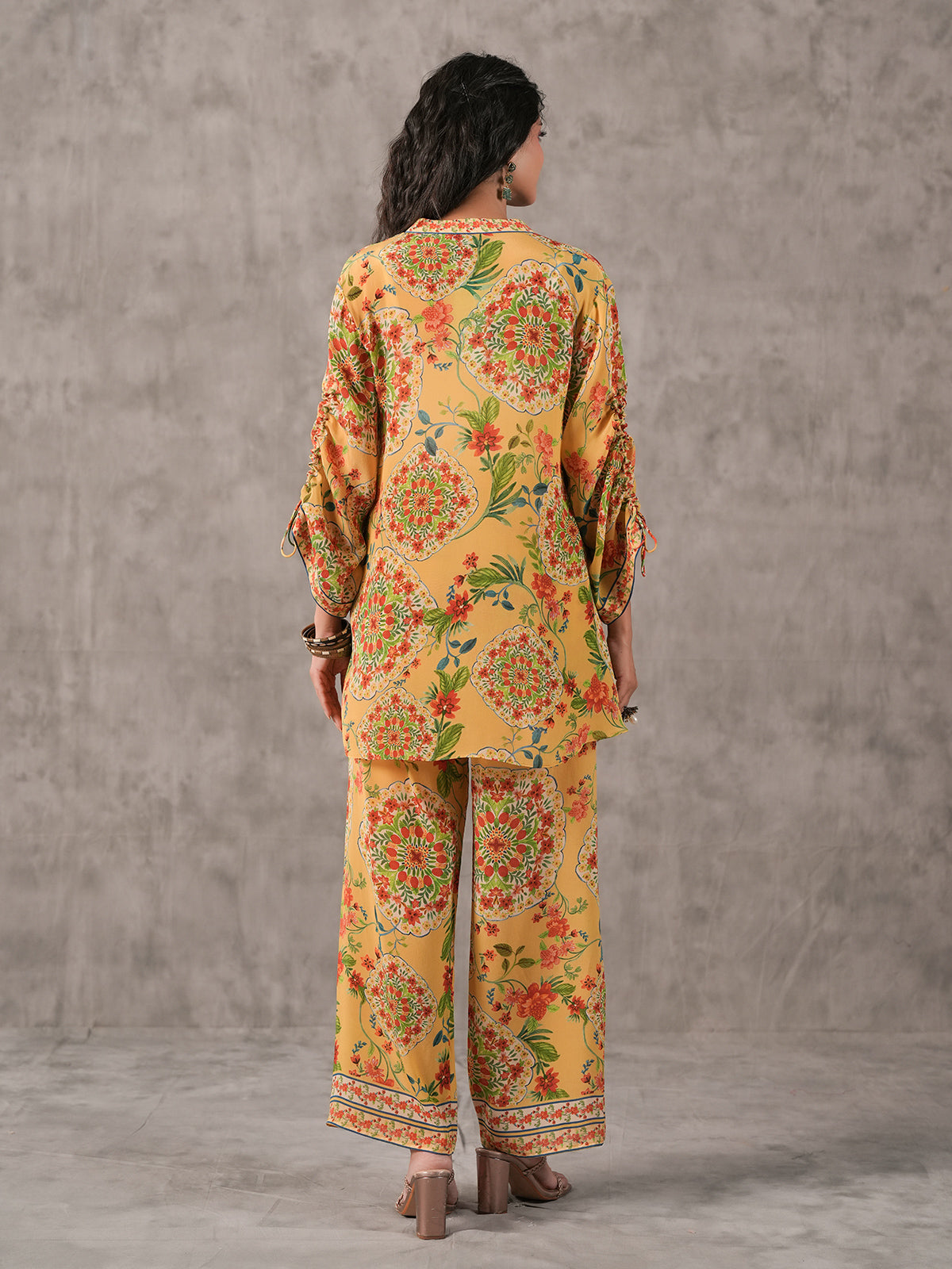 Beige floral printed stand collar palazzo co ord set