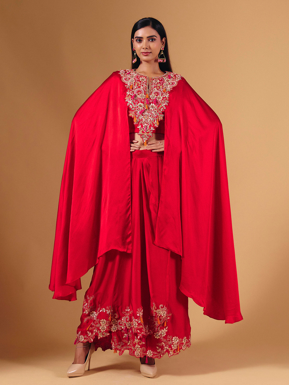 Bold red crepe silk indowestern suit with designer embellishments