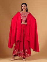 Bold red crepe silk indowestern suit with designer embellishments