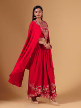 Bold red crepe silk indowestern suit with designer embellishments