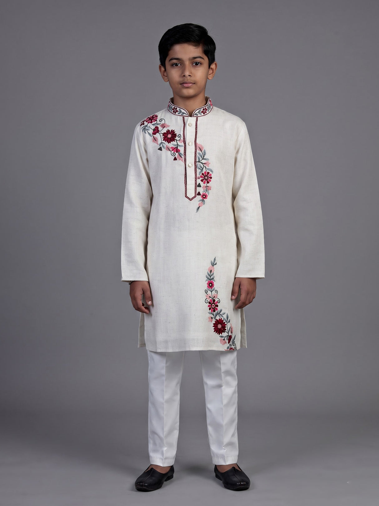 Off white diagonal floral boys kurta suit