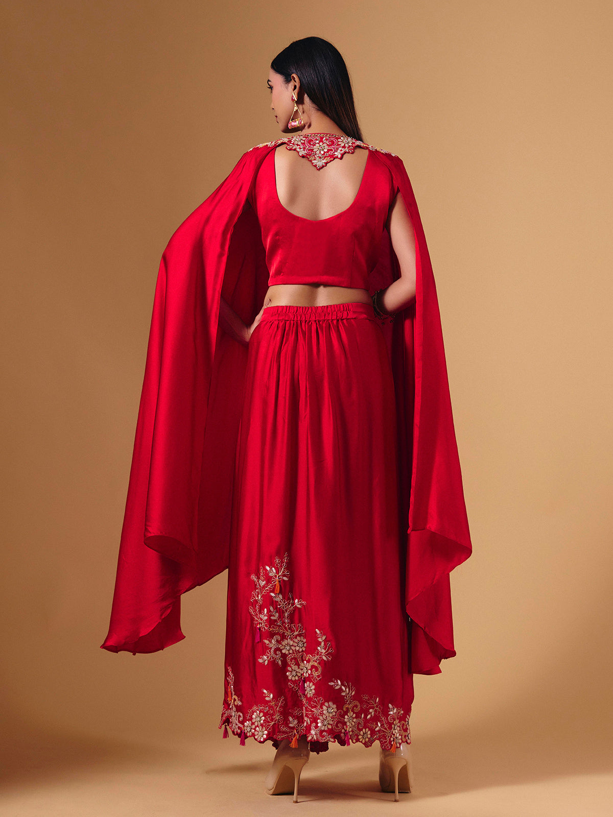 Bold red crepe silk indowestern suit with designer embellishments