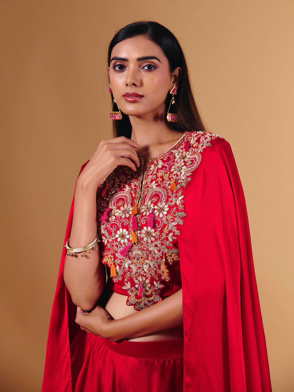 Bold red crepe silk indowestern suit with designer embellishments