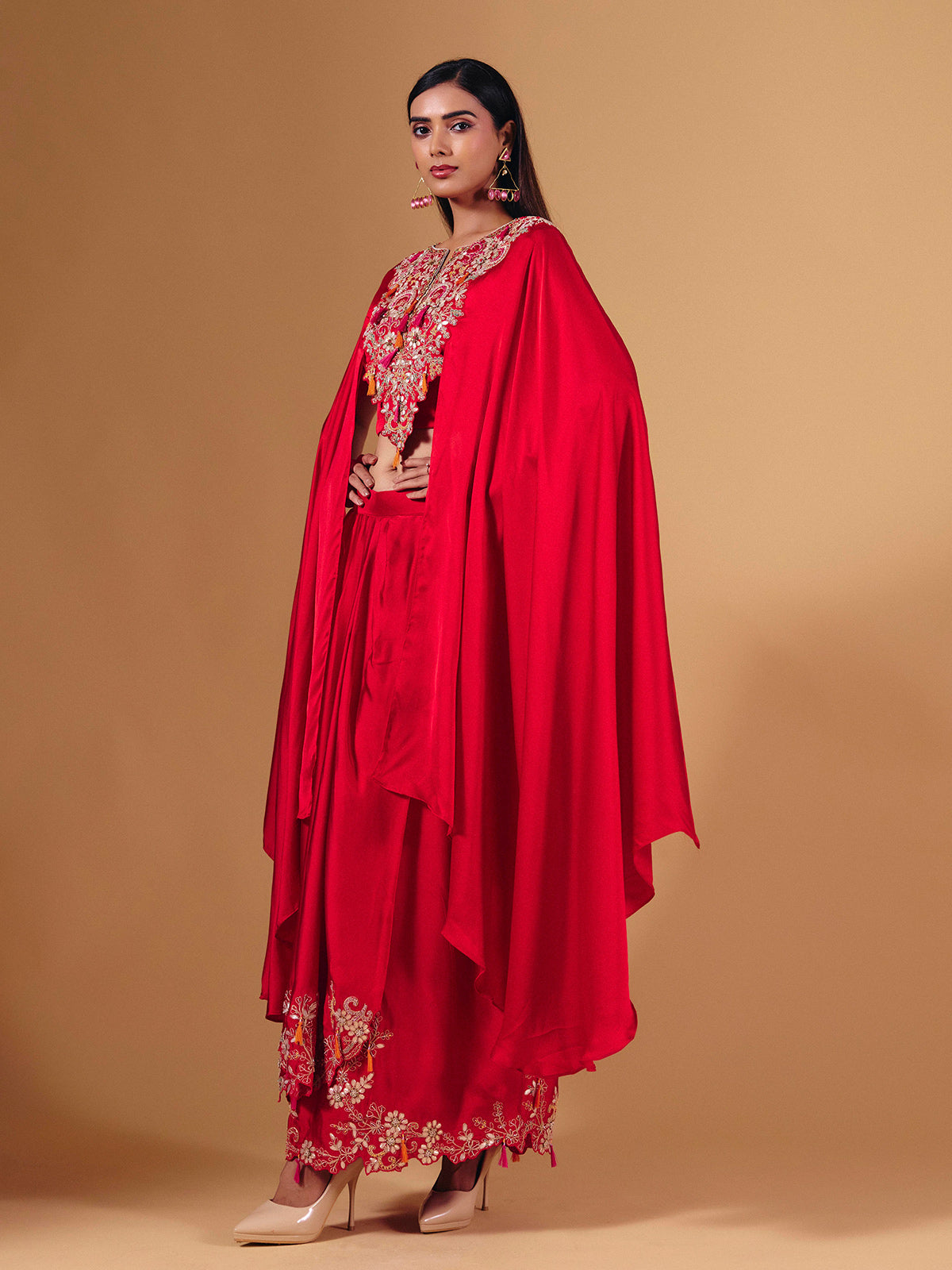 Bold red crepe silk indowestern suit with designer embellishments