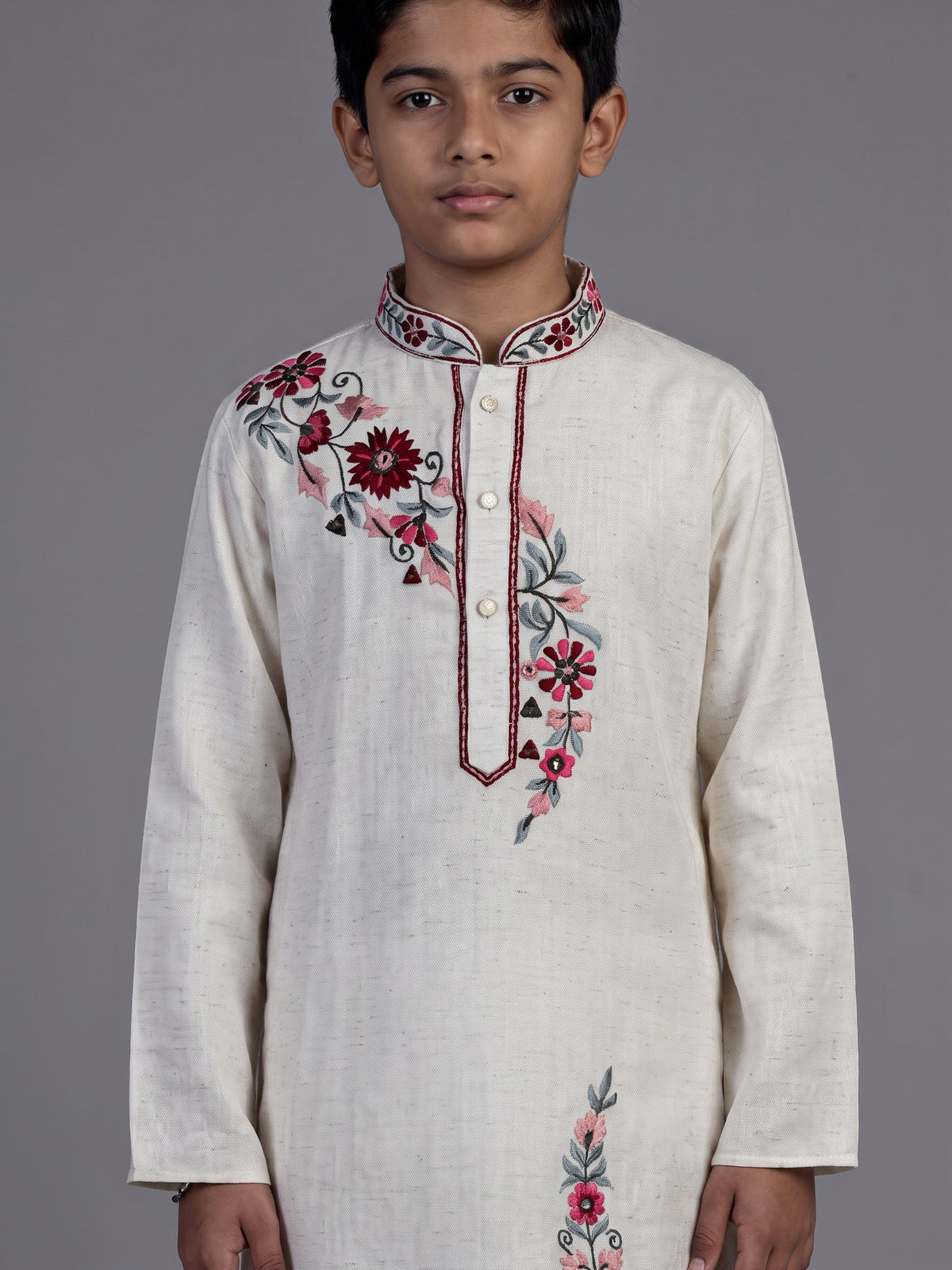 Off white diagonal floral boys kurta suit