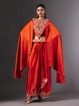 Vibrant orange crepe silk indowestern suit with gota embellishments