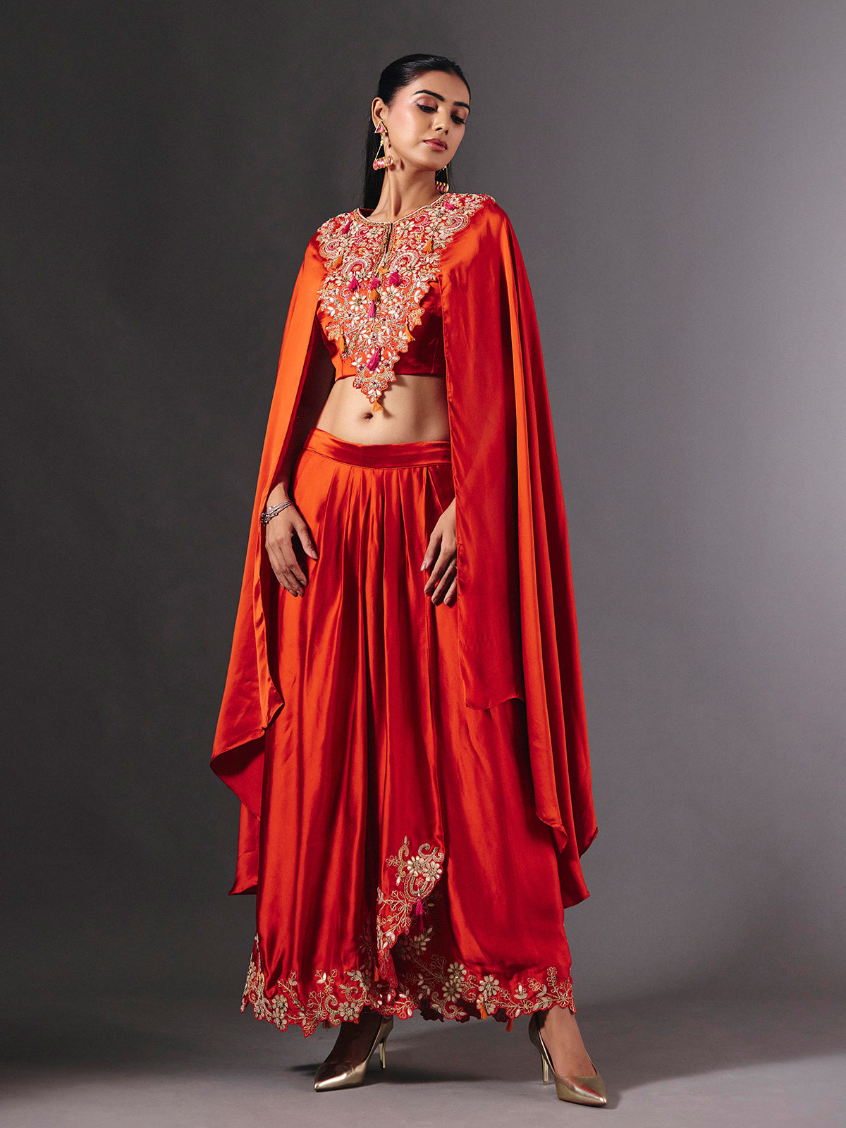 Vibrant orange crepe silk indowestern suit with gota embellishments