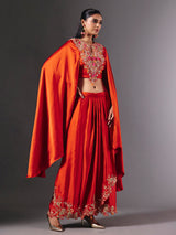 Vibrant orange crepe silk indowestern suit with gota embellishments
