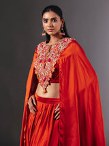 Vibrant orange crepe silk indowestern suit with gota embellishments