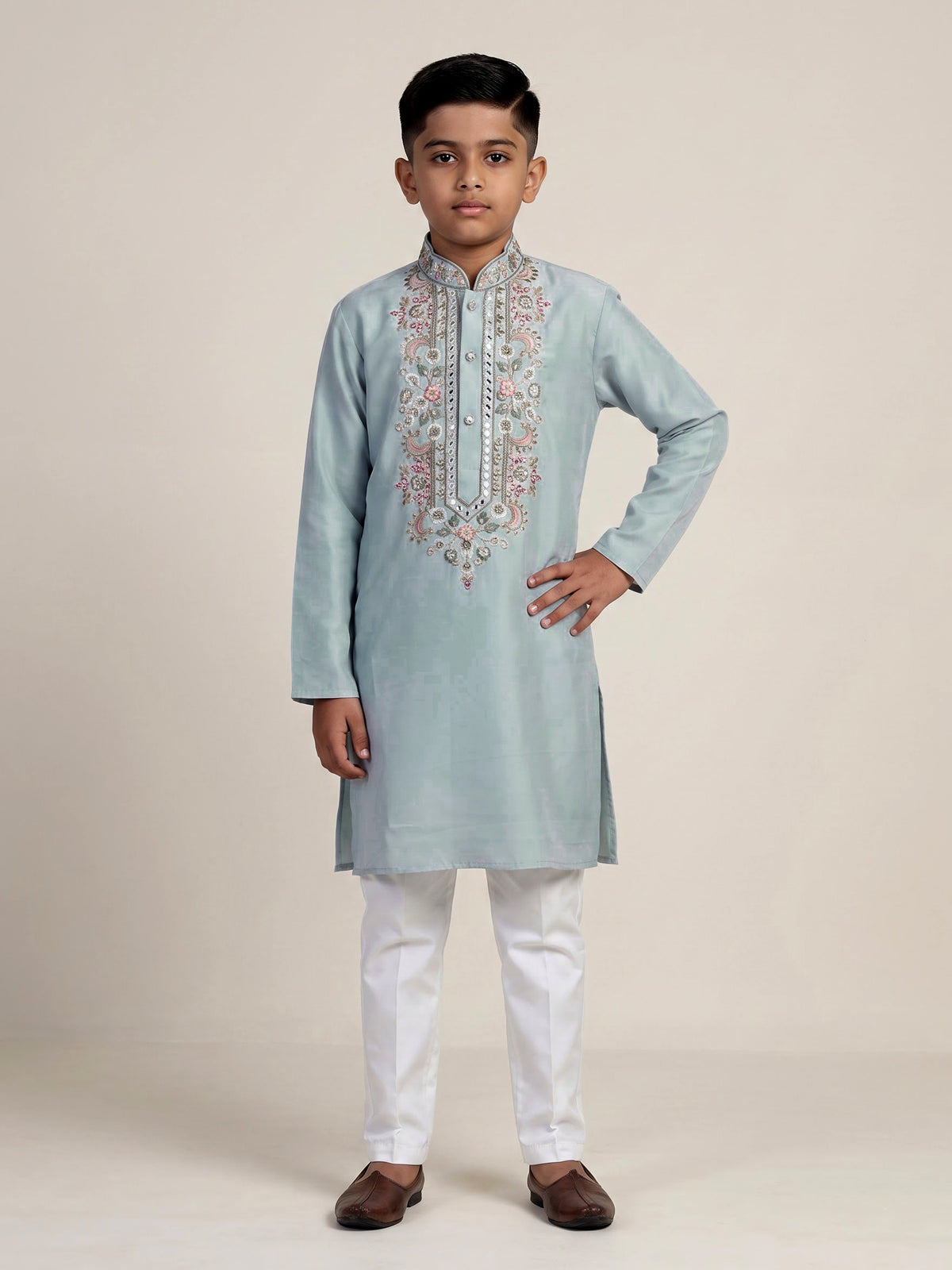 Ice blue jharokha embroidered boys kurta suit