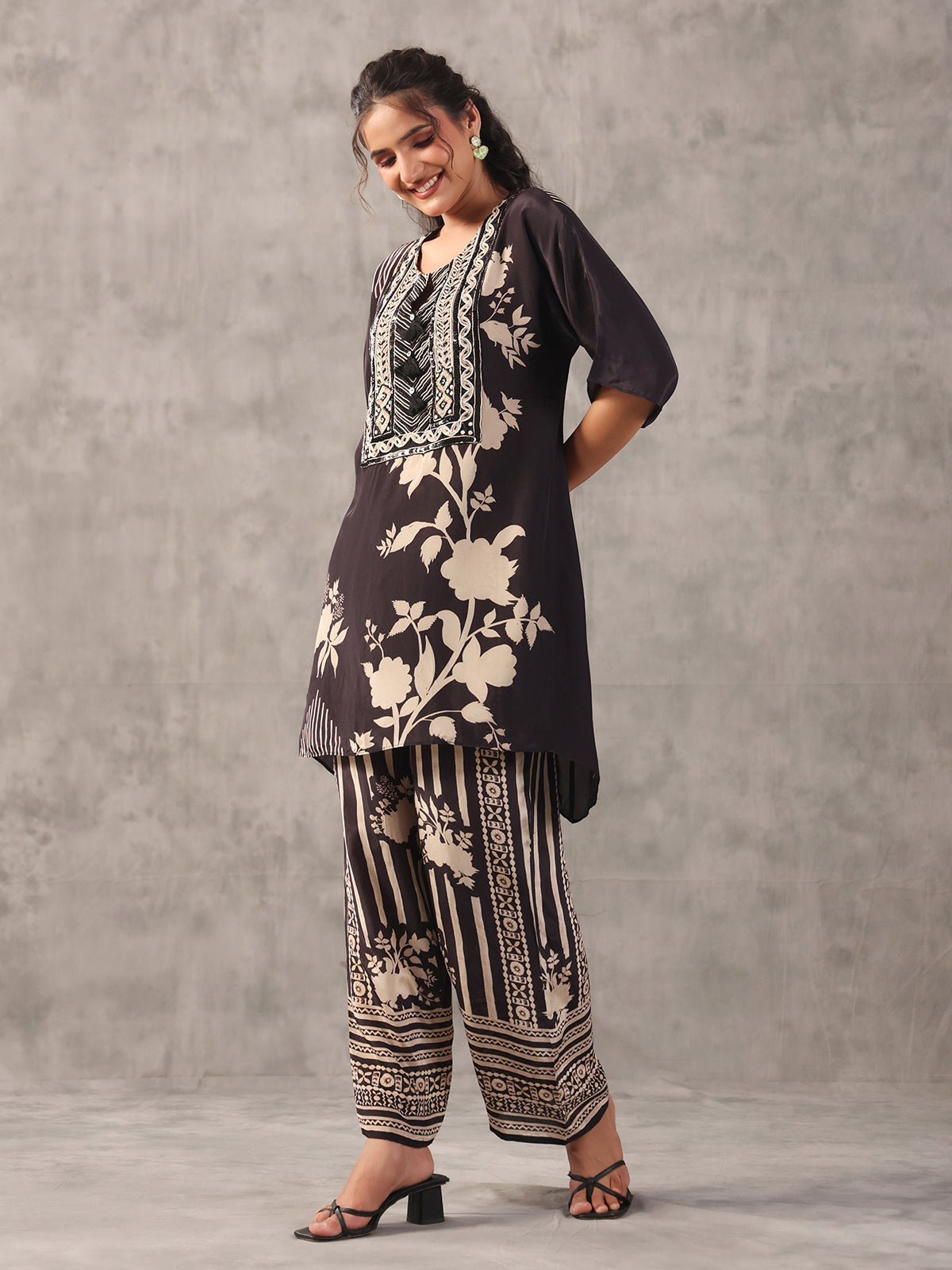 Black monotone tassel embellished co ord set