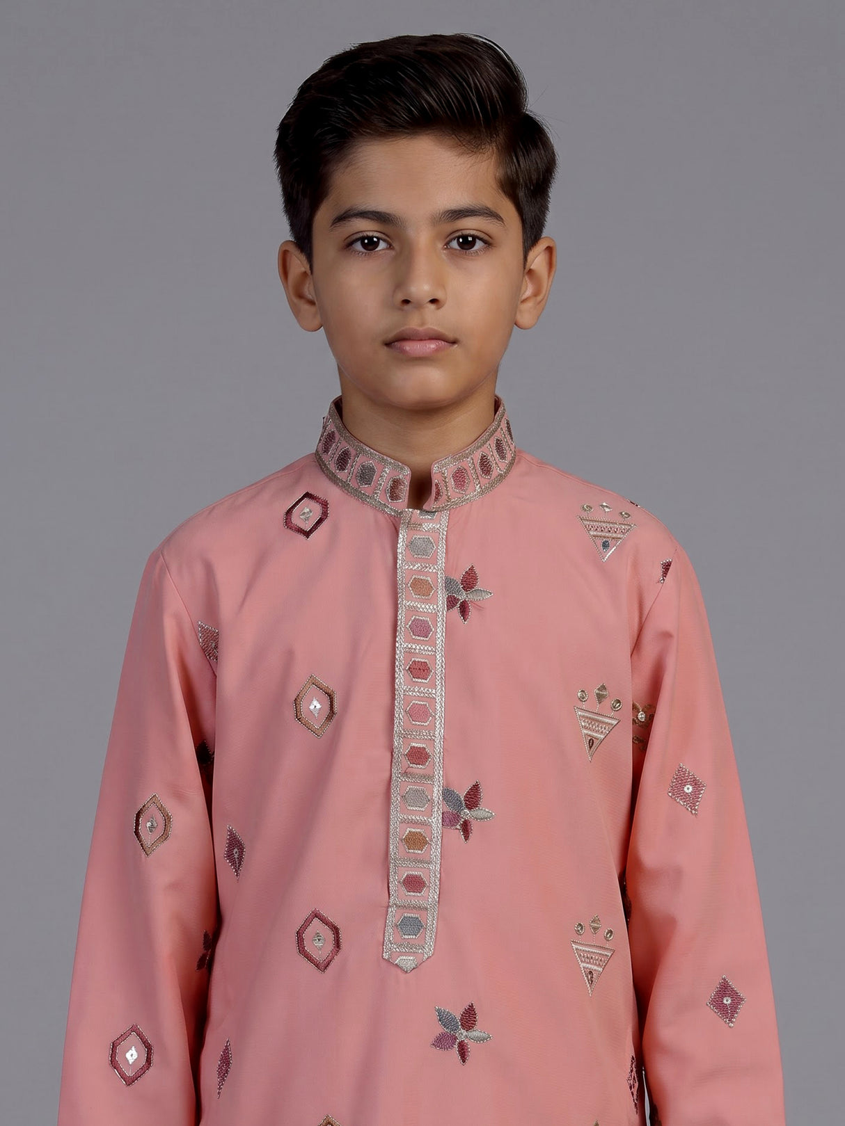 Peach floral silk blend star boys kurta suit