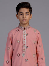 Peach floral silk blend star boys kurta suit