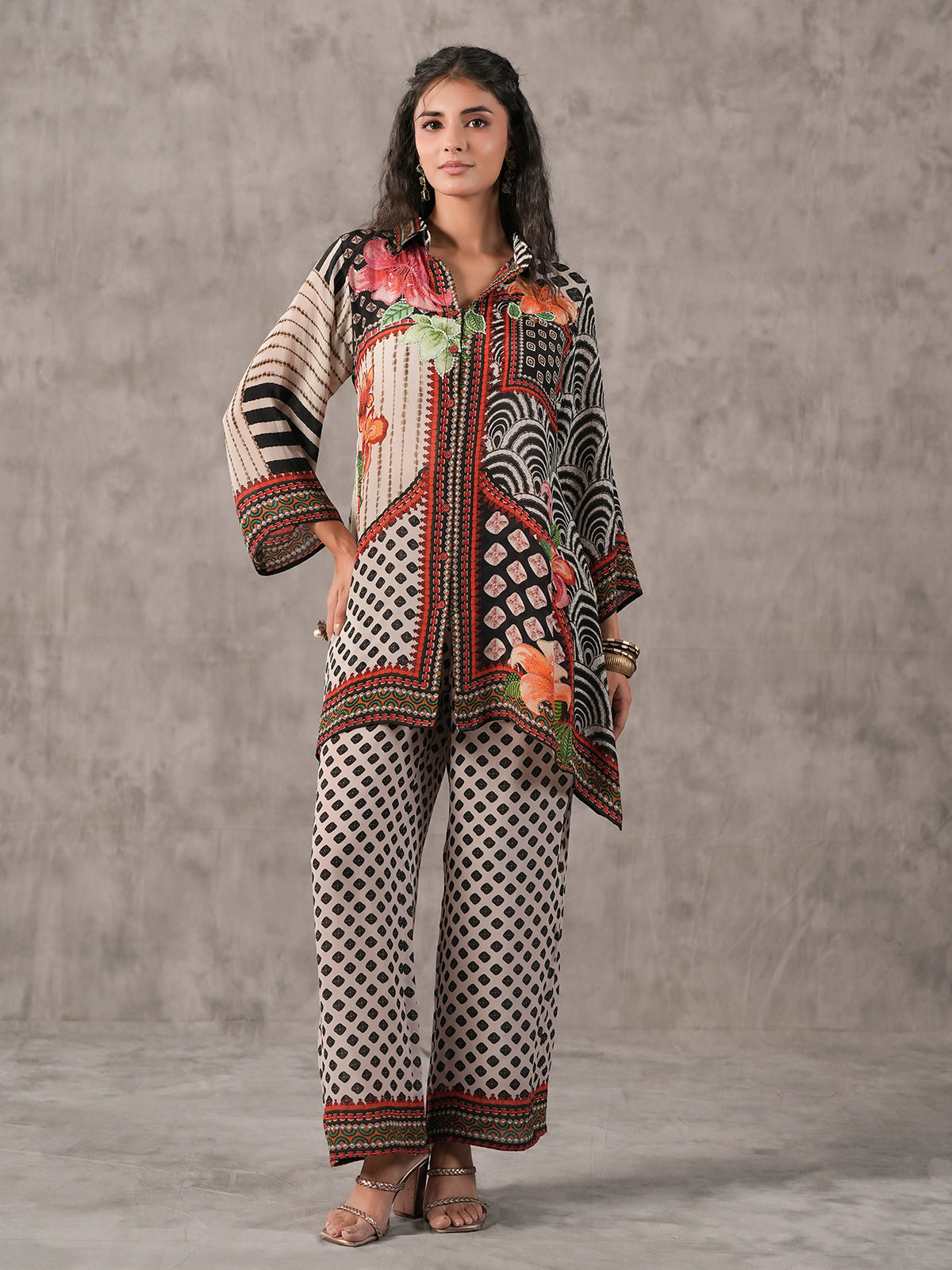 Off white sequined cutdana printed collar neck co ord set