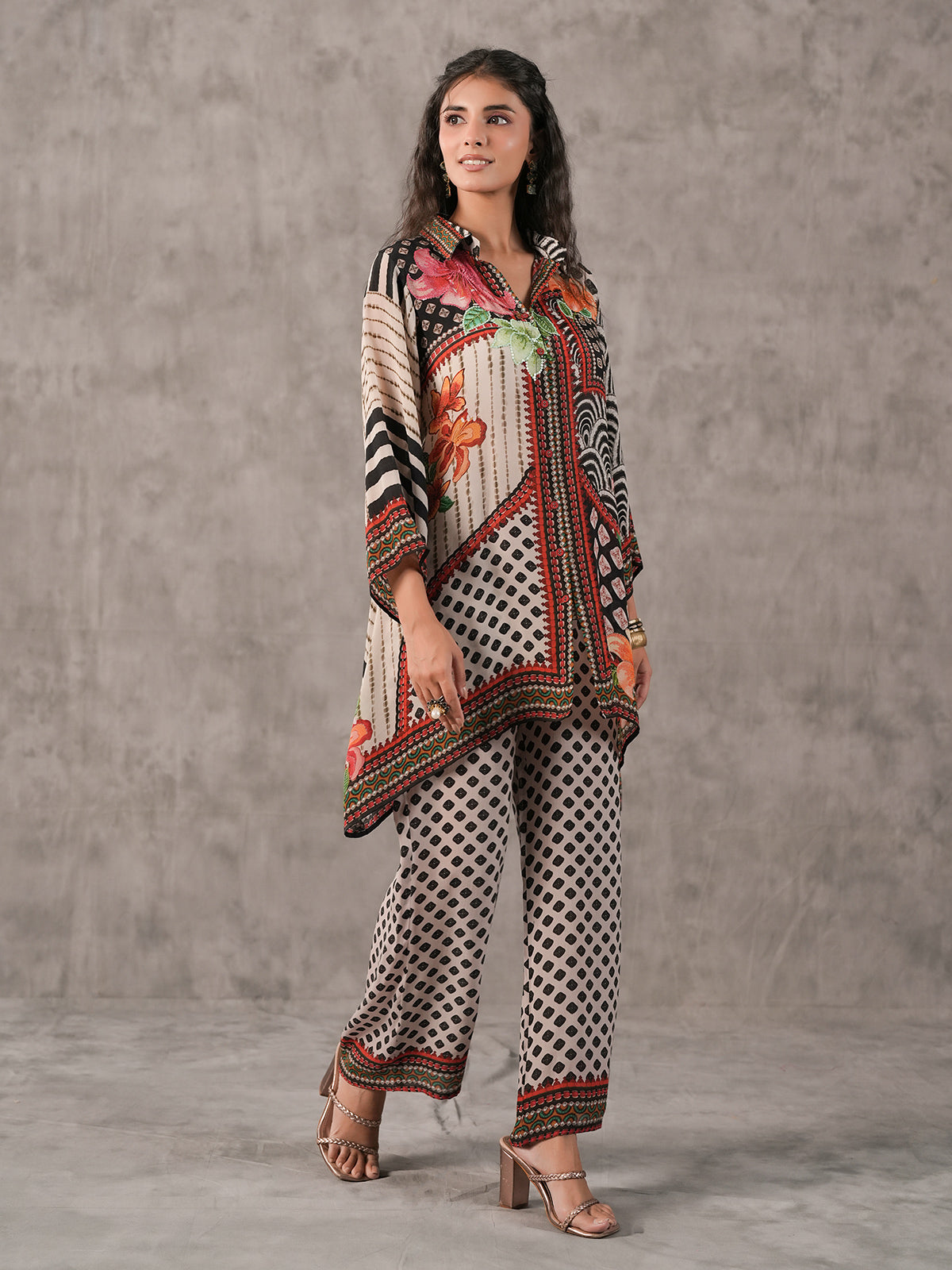 Off white sequined cutdana printed collar neck co ord set