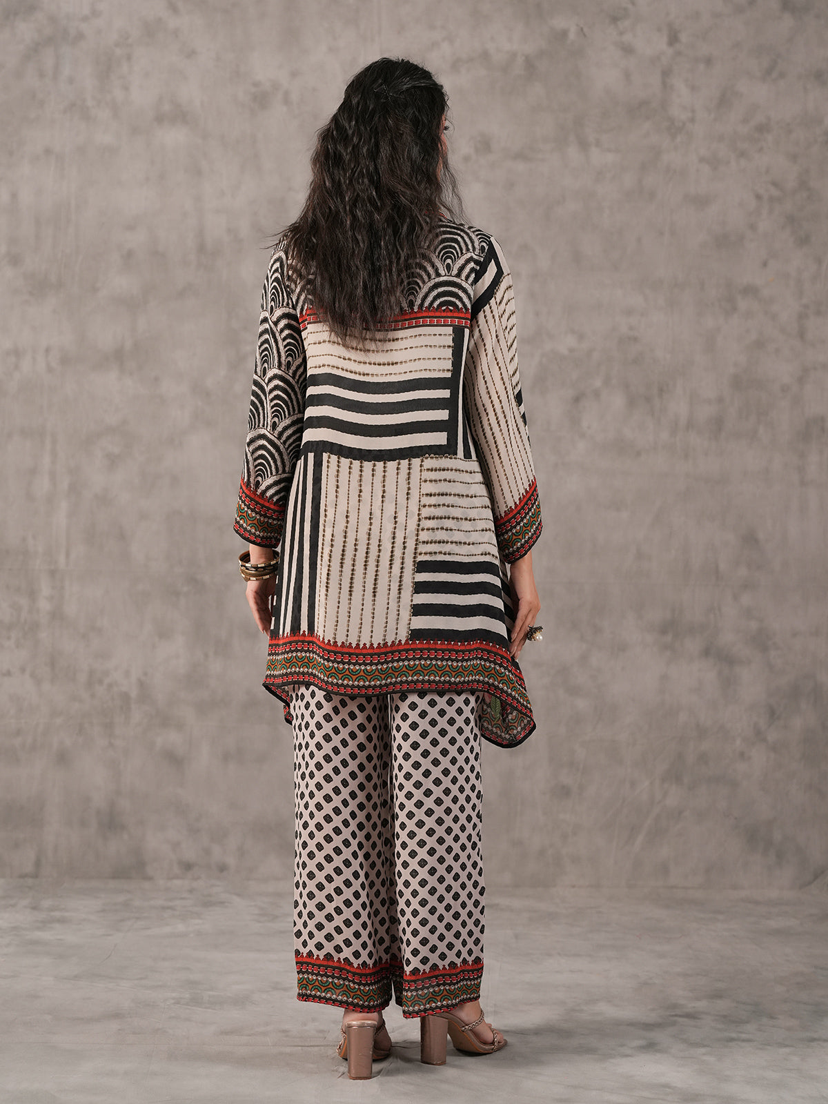 Off white sequined cutdana printed collar neck co ord set