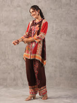 Brown floral printed embellished stand collar palazzo co ord set