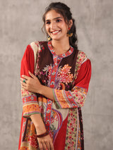 Brown floral printed embellished stand collar palazzo co ord set