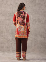 Brown floral printed embellished stand collar palazzo co ord set
