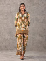 Cream figure print quirky collar neck palazzo co ord set