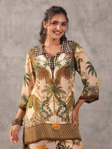 Cream figure print quirky collar neck palazzo co ord set