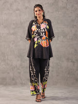 Black abstract printed linen side string palazzo co ord set