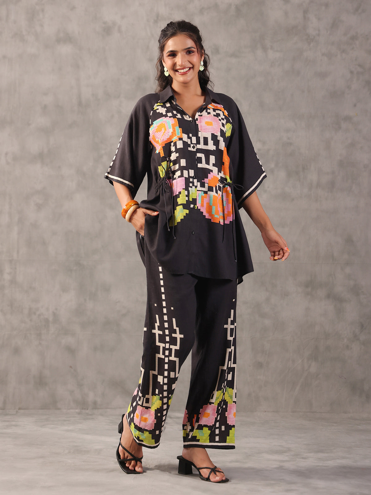 Black abstract printed linen side string palazzo co ord set