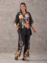 Black abstract printed linen side string palazzo co ord set
