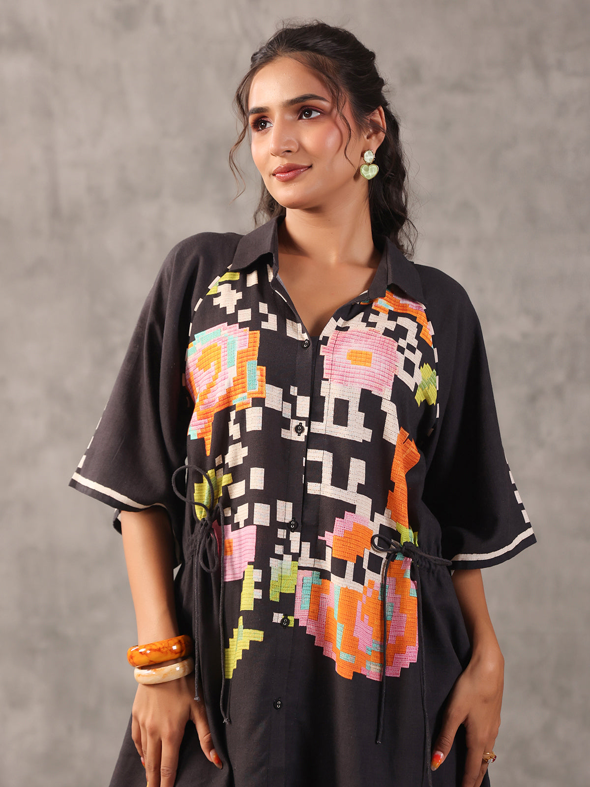 Black abstract printed linen side string palazzo co ord set