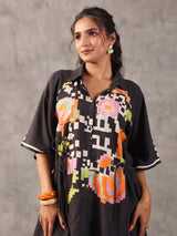 Black abstract printed linen side string palazzo co ord set